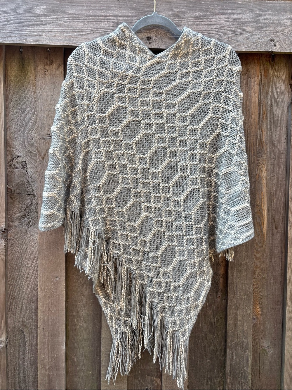Woven Scarf Shawl Poncho Fringe Gray Cream Boho Festival Cover Up